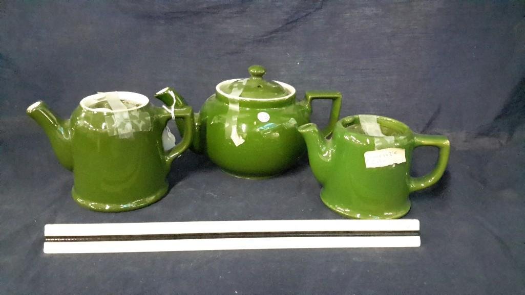 Hall and Coorsite Teapots (3): Two green Hall stoneware teapots and one Coorsite teapot. excellent condition