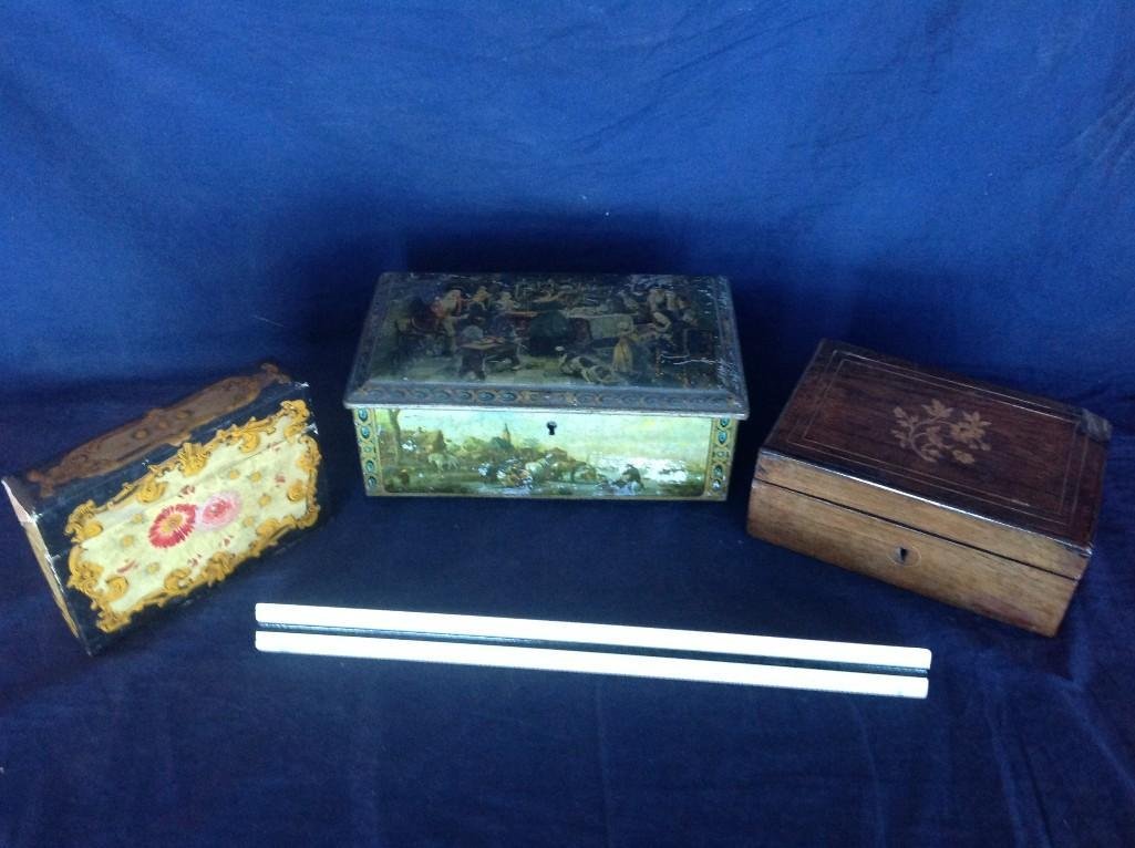 Vintage Decorative Box Assortment (3): Unique assortment of lidded decorative boxes. Includes one Vintage Metal box with a Family Christmas scene, one wooden jewelry box with an etched flower design on the top and a small wooded box made i
