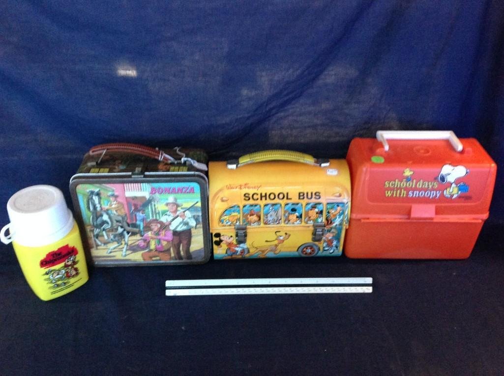 Vintage Lunch Box Assortment with one Thermos (4): Nice Assortment of Vintage Lunch Boxes and one Thermos. Two are made of metal and one is made of plastic. Metal Lunch box themes include Bonanza and a Walt Disney School Bus. The plastic Lunch Box is 
