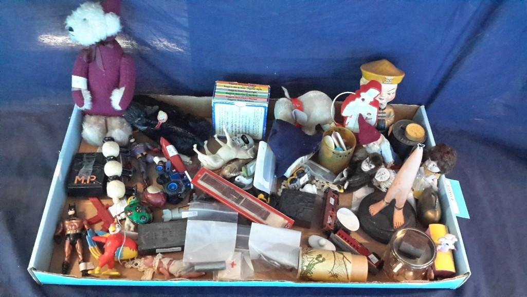 Toys Large Lot of small toys: bobble head, dolls, stuffed bear and elephant,plastic horses, Gucki Steiff doll, Kaleidoscope, Batman figurines and more