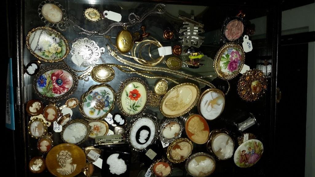 Fabulous Cameo and Brooch Collection: Wow! Beautiful shell cameo brooches, earrings, porcelain hand painted brooches, lockets and more