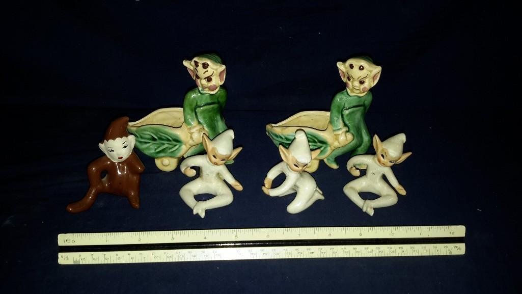 Holt Howard figures (4) 2 sm planters: 4 marked Holt Howard Japan, two small Asain elf looking planters