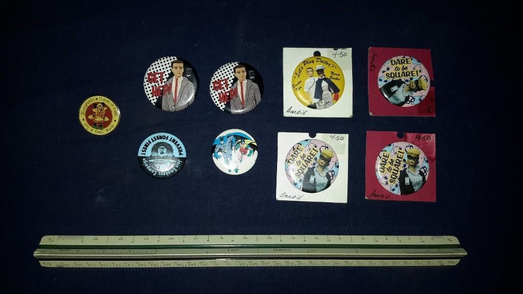 Character Pins (9): Barbie, Batman, Smoky the Bear and Minnie Mouse