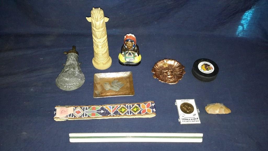 American Indian Collectibles: Beaded Head band, ceramic incense holder, gun powder flask, and other Indian related items