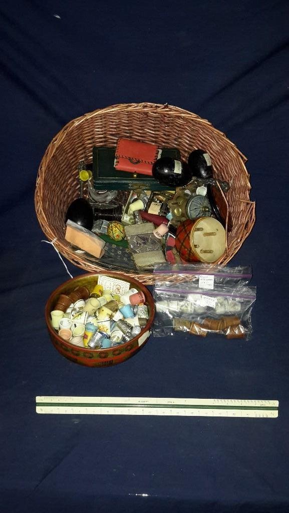 Thimbles and Sewing accessories: large thimble collection (plastic, metal and porcelain) darning tool, needles and more
