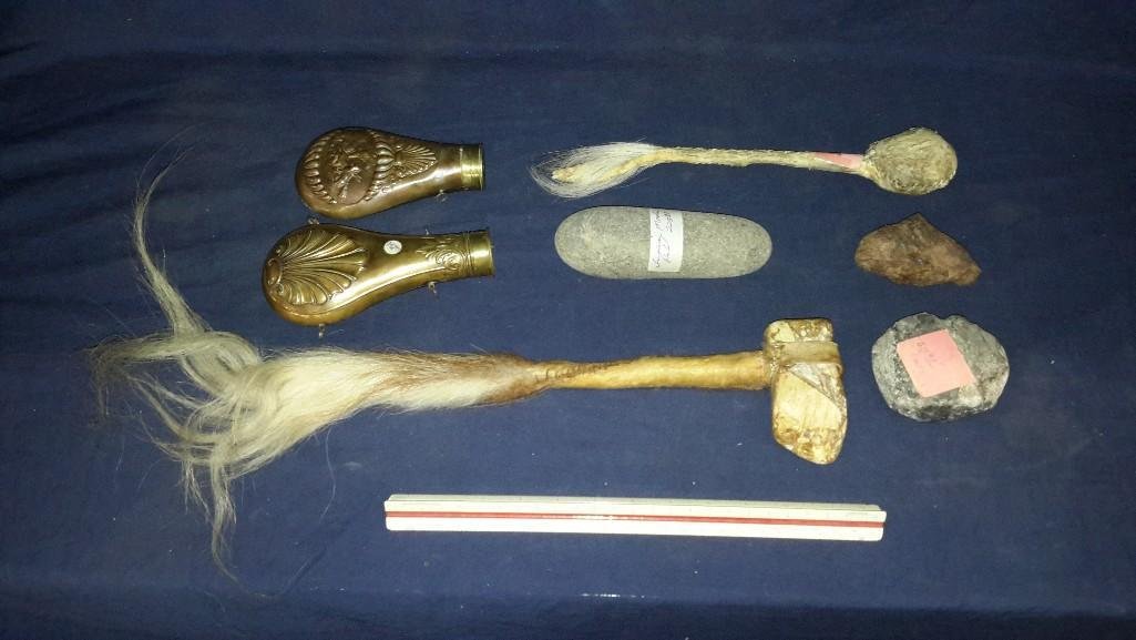 Stone Weapons and Metal Powder Flasks (7): 2 metal powder flasks are 6" and 7" long, 2 stone hide wrapped weapons are 12" and 20" long.