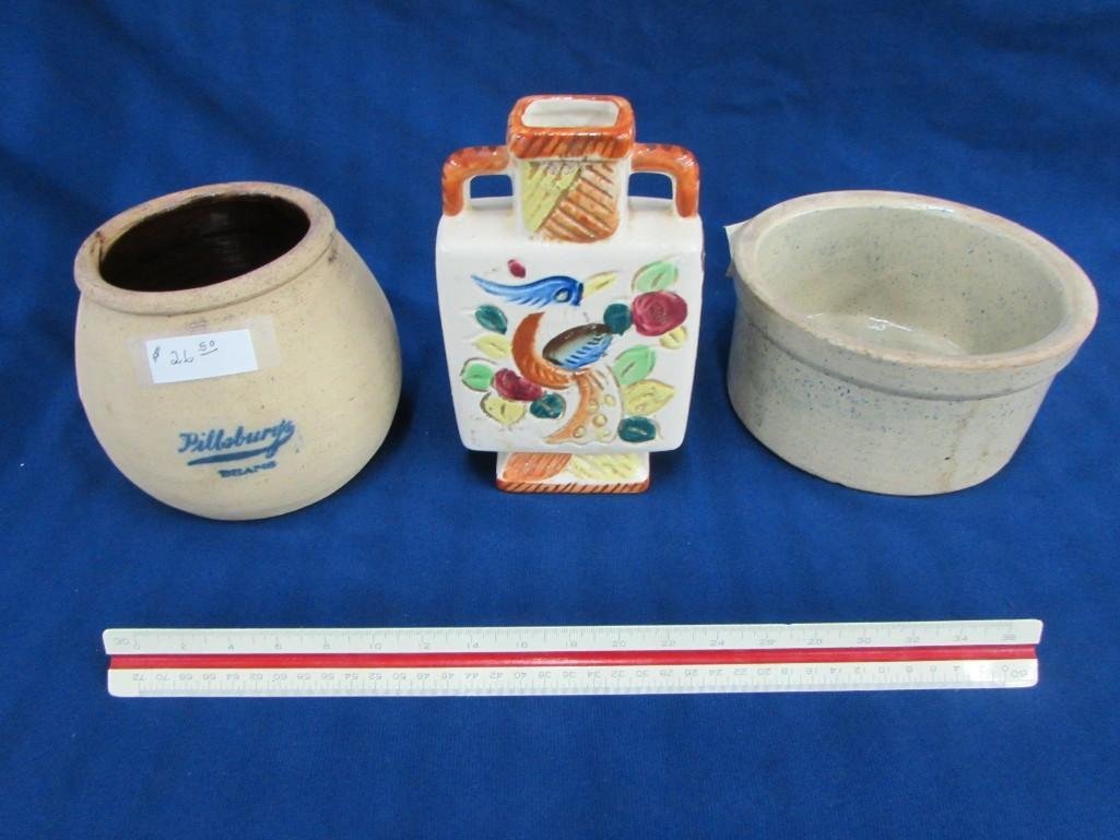 (2) pottery bowls & a ceramic vase: 6.5" Ceramic vase has floral design and is marked made in Occupied Japan, 3" Pacific Pottery bowl, & 4.5" Pillsbury's beans bowl