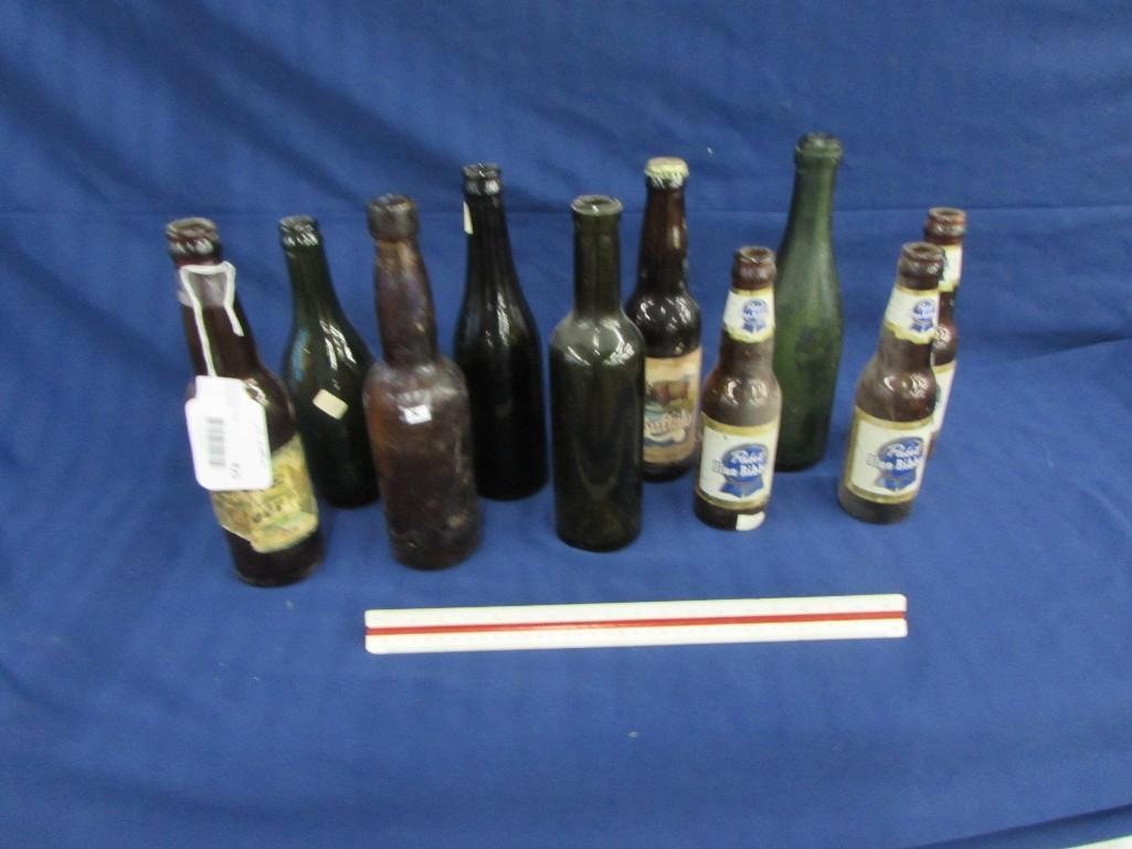 Vintage Beer Bottles (10): (6) Amber glass, (4) Green glass, Buffalo beer, Blue Ribbon, & more 