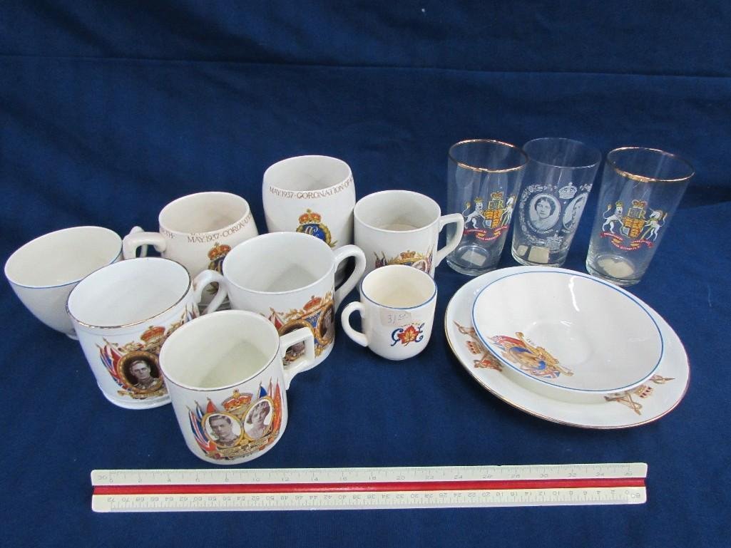 Queen Elizabeth & King George cups and saucers (13): All are made in England, (8) cups, (3) water goblets, (2) saucers, good condition