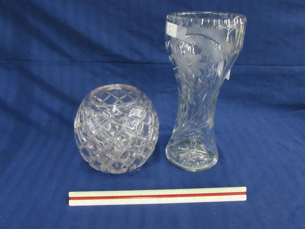 Heisey & crystal vase: Tall crystal vase has floral design, in good condition, measures 12" tall & heisey vase is in great condition and measures 7" tall