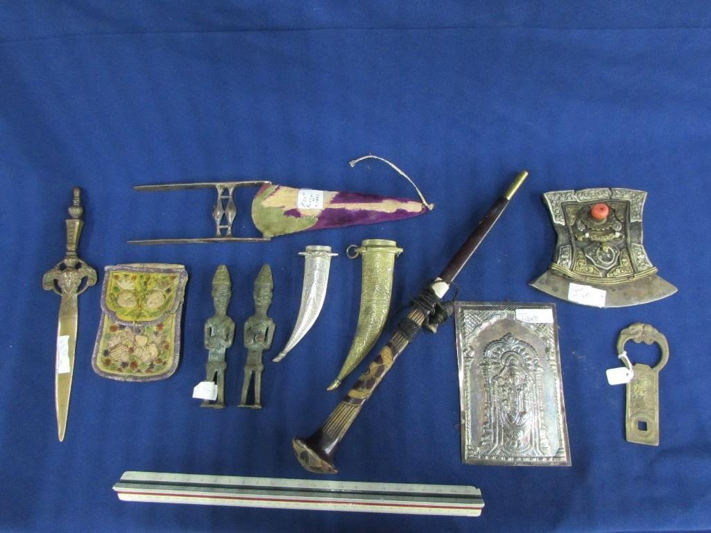 Tibetan Collection: Armor piece, hand sword with sheaths, money pouch, & more