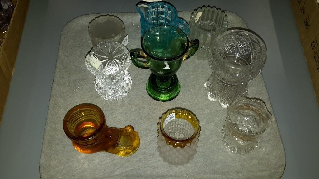 Toothpick Holder Collection (9): Crystal toothpick holders, amber glass boot toothpick holder, blue glass toothpick holder, & others 