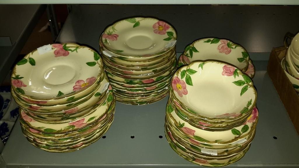 Franciscan Dishware Assortment: Large assortment of Vintage Franciscan hand decorated dishes. Includes cups, saucers, small plates and more. 72 pieces in assortment. Lovely Pink flower with green leaf pattern. Good condition.