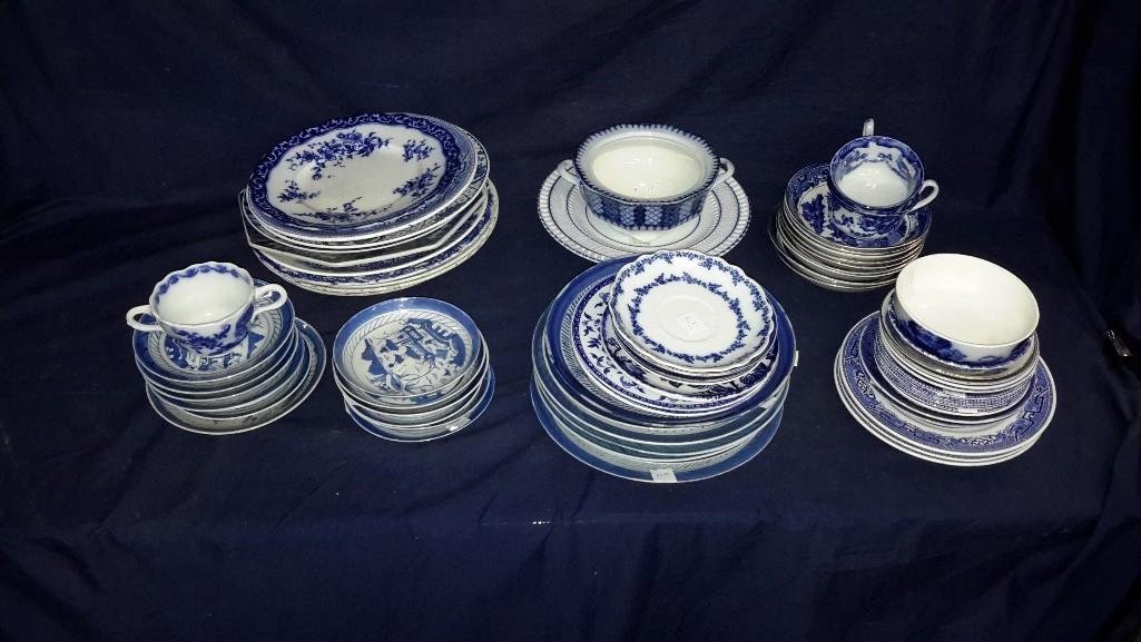 Large assortment of vintage Blue and White China: Very nice assortment of various brands and styles of Blue and White Vintage China Dish ware, 68 pieces in all. Assortment includes, plates, bowls, cups, a cake stand, saucers and more. Some of th