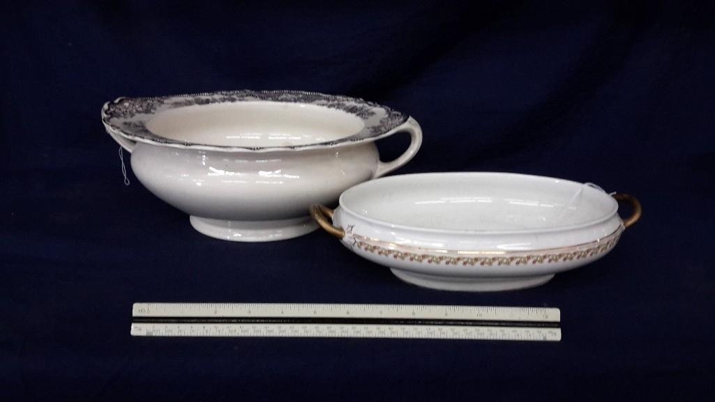 To China bowls one casserole style one chamberpot style: One casserole style bowl Mark Philip cause nerve China chamberpot style bowl marked Bristol crown the ball England