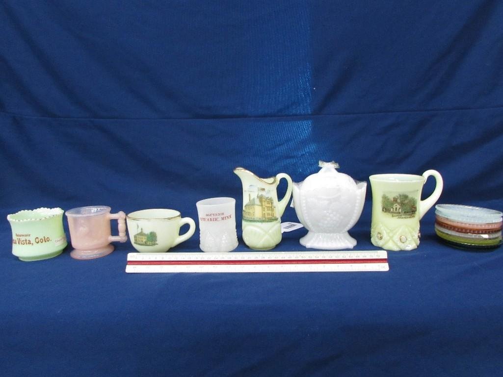 Satin Glass Souvenir Cups: 14 pieces of satin glass cups and mugs and a lidded candy dish. 4 souvenir pieces