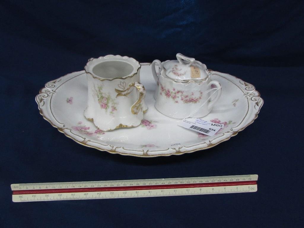 Limoges Porcelain China (3): Pink Floral design with gold gilt trim (non-matching patterns) 16.5" oval platter, one lidded sugar bowl and one sugar bowl without a lid