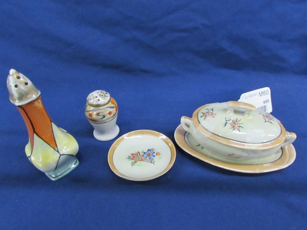 Lusterware various items in lot: Lusterware small cast covered casserole bowl on oval platter small plate to salt shakers