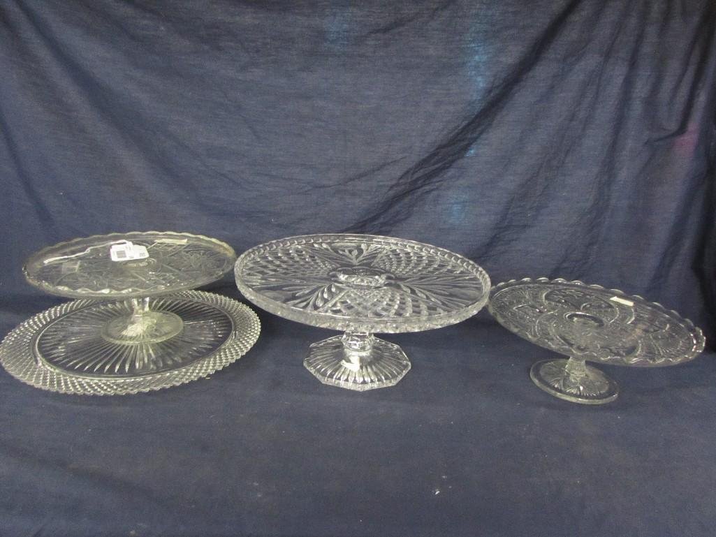 Depression Glass/Crystal Cake Stands (4): Beautiful cake stands. 3 on pedestals, 1 is footed.