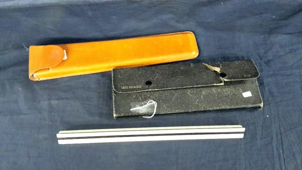 Vintage drafting set and slide in cases: Trafton sat in case marked lietz peerless laietz company made in Germany San Francisco Los Angeles USA slide in Leather case