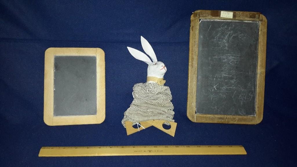 Antique Chalk boards (2), and a hand pupet: Small chalk boards 11.5" and 8", and one rabbit hand puppet 16.5"
