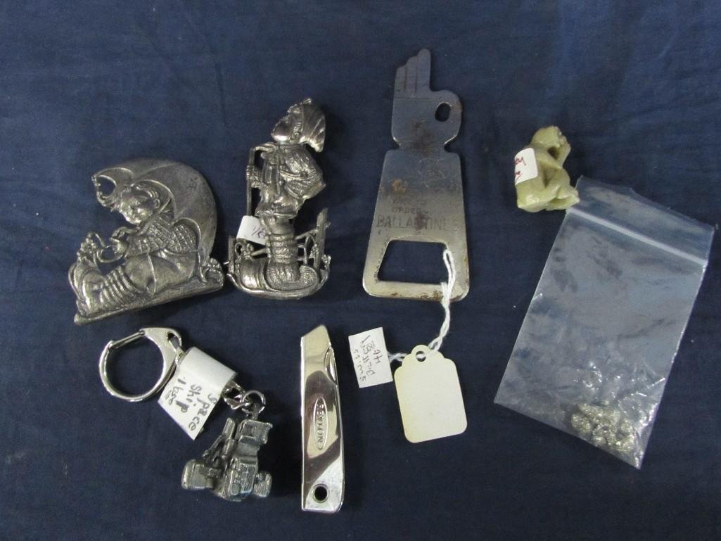 Metal Pins, Bottle Opener and Carved Stone Monkey: Metal Hummel Figurines (2), keychain, bottle opener and a small bag of precious metal plus one small carved stone monkey