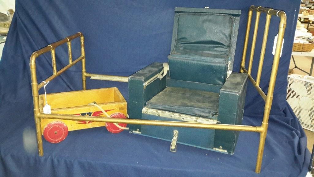 Assorted Doll Furniture (3): Vintage doll booster seat, wood toy wagon, & a wood framed doll bed, bed measures 20" x 30" 