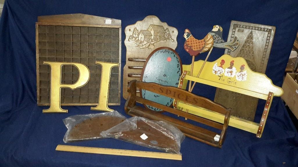 Assorted Wooden Wall Shelves: Wood spice rack, wood thimble display, and more