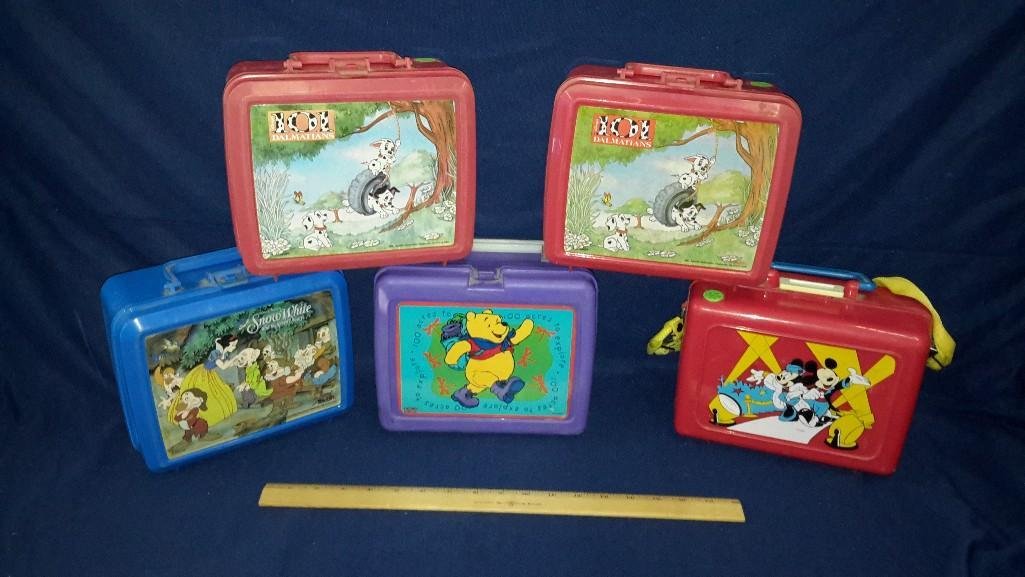 Vintage Plastic Lunch Boxes and Thermos Bottles (5): Mickey mouse lunch box with strap, (2) 1990 101 Dalmatians and thermos, Winnie the Pooh with thermos, & Snow White with thermos