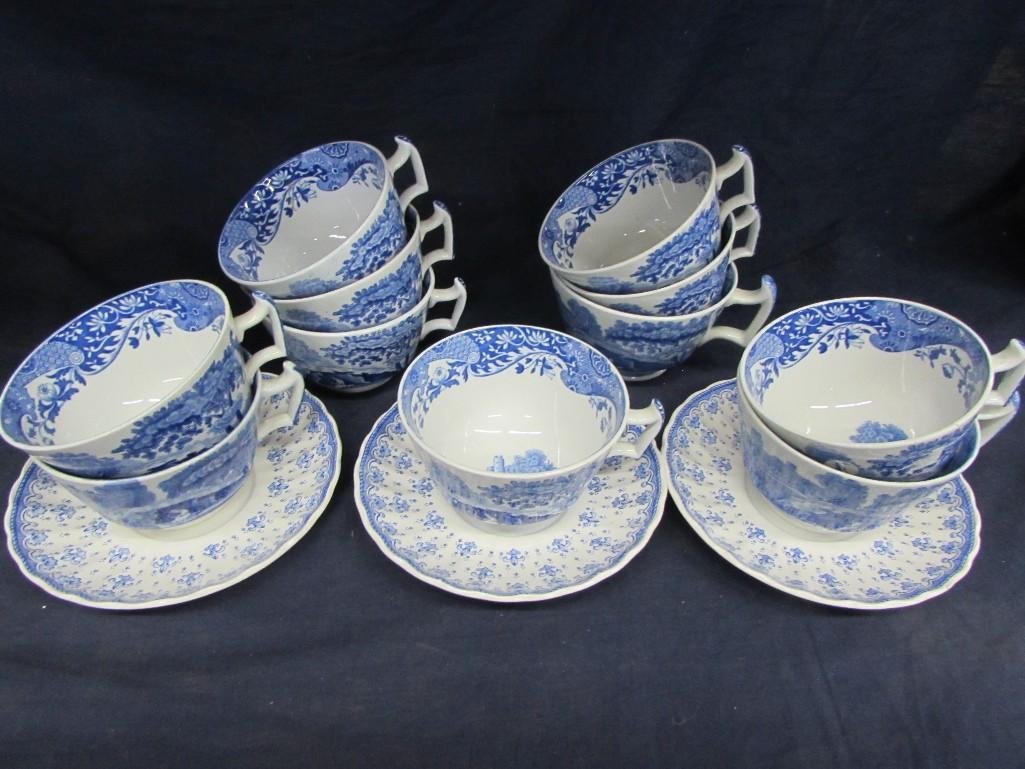 Copeland Spode cups and Saucers & Decorative Plates: blue and white Copeland England cups and saucers, plus hand painted decorative plates