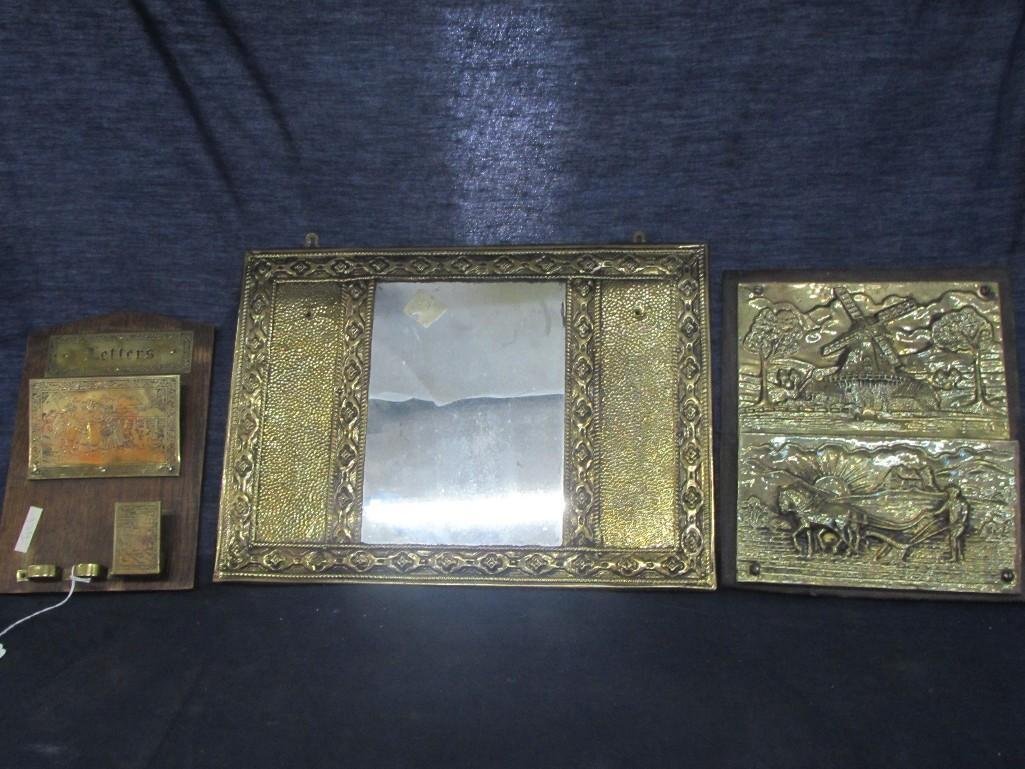 Letter Holders & Brass Mirror: 2 wall mounted wood & brass letter holders. Brass framed wall-mounted mirror.