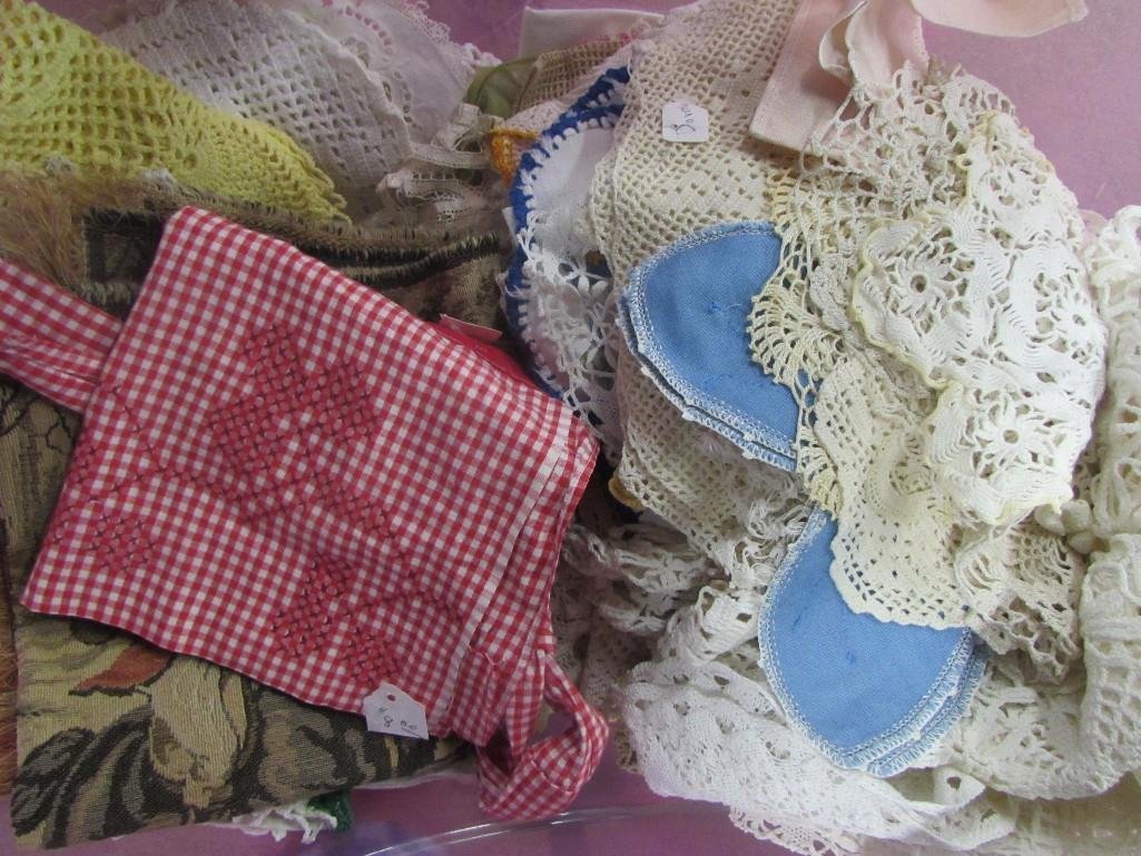 Doily Lot: Doilies, embroidered table tops, tapestry and more.