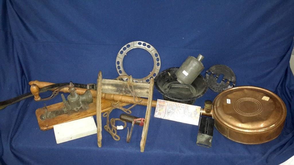 Primitive Metal/Wood Tools: 1 copper/wood warming bed pan, meat grinder and more.