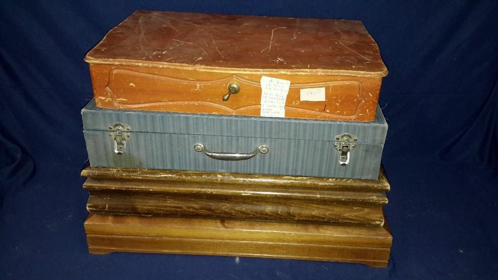 Flatware Boxes (4): 3 wooden flatware boxes and 1 suitcase.