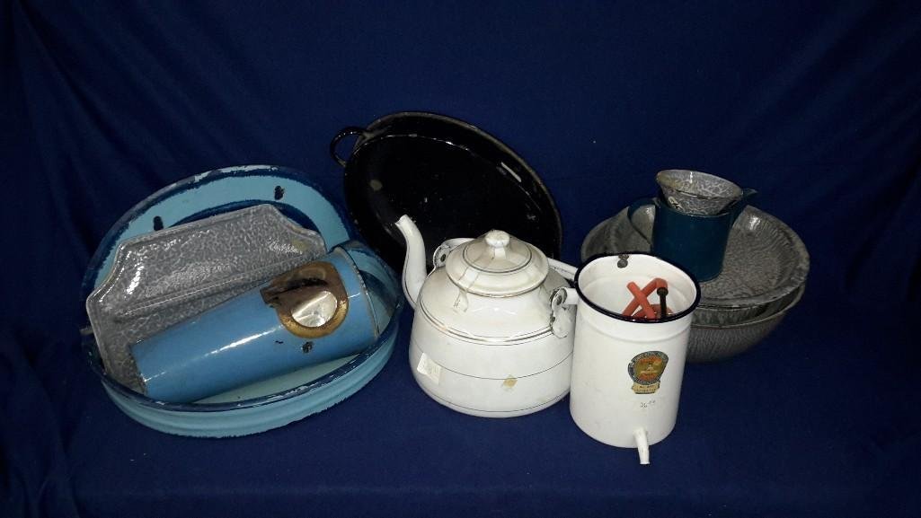Enamel Ware Pieces (14): Shelf lot. Nice lot of enamal ware w/tea kettle, irrigator, 6 bowls and more