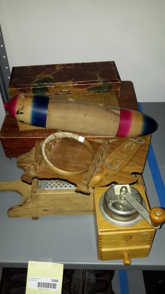 Wood Boxes & wood Kitchenware: Lot includes grater, souvenir spoon holder, Coffee mill, flatware holder and more