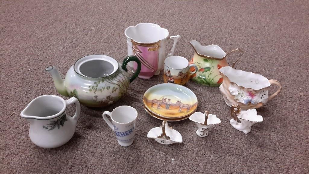 Vintage Creamers: Hand painted Prussia, one marked Germany, Sonango, one Bavarian teapot with missing lid, and others 