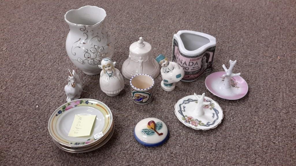 Nippon and Figurine Assortments (14): 4 nippon saucers, 2 porcelain ring holders, 2 wobble figurines and more.