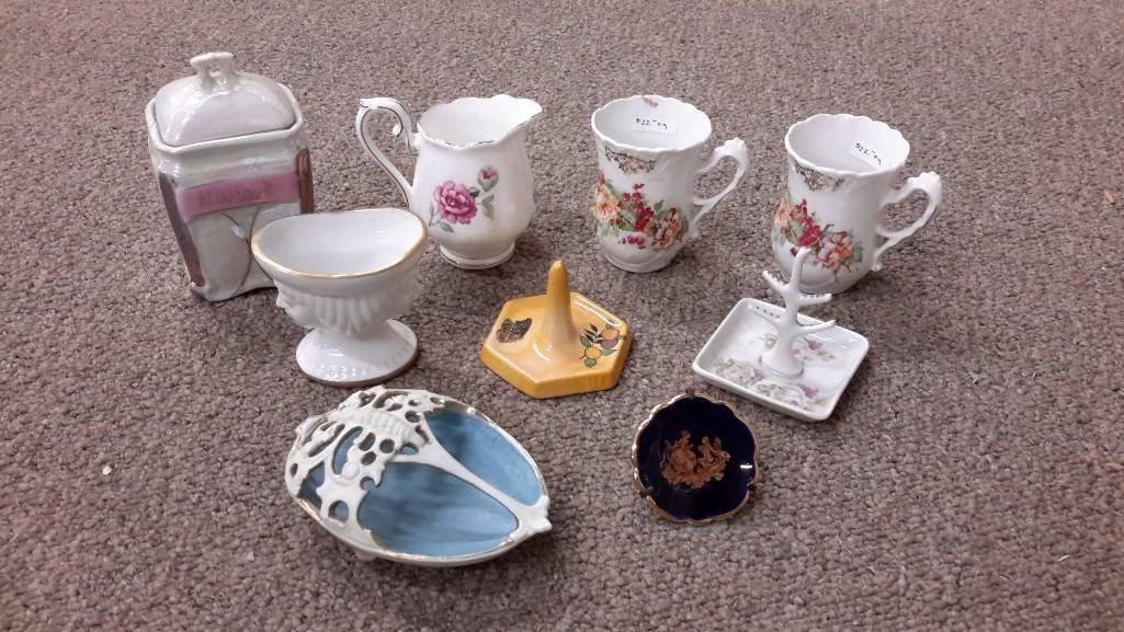 Porcelain Assortment (9): 2 tea cups, 1 creamer, 2 ring holder, 1 limoges made in france decorative plate and more.