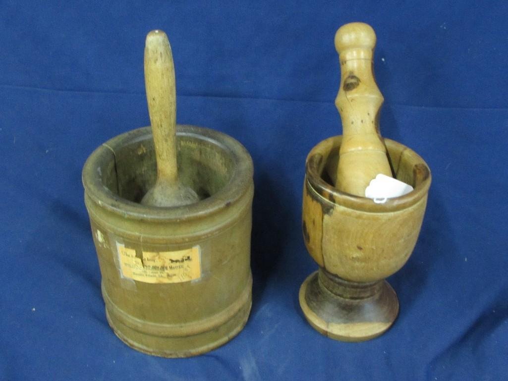Vintage Mortar w/Pestle (2): Nice wooden Mortars. The larger mortar has a crack along the entire body.