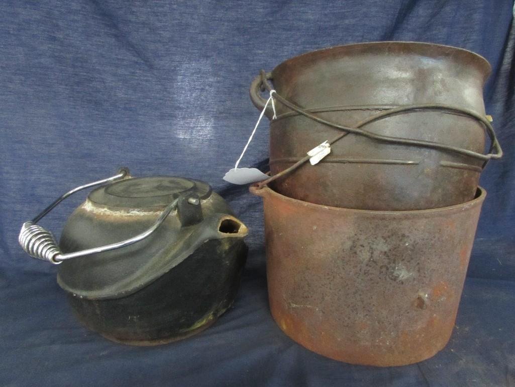 Vintage Cast Iron Kettle and Pots (3): Pot measures (9 1/3" tall - 7" tall). Kettle measures (7" tall).