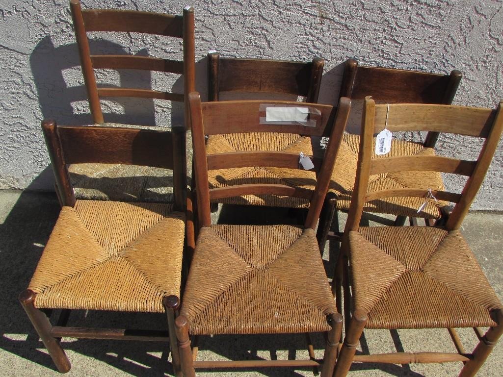 Vintage Chairs w/Rush Woven Seats (6): 3 are ladder back 34"tall. One seat may need repair. The other 3 are 28" tall.