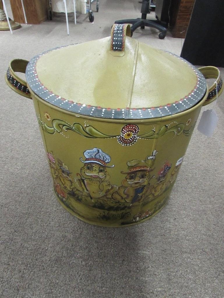 Hand Painted Metal Tole Container w/Lid: Measures 17" tall by 19" in diameter.