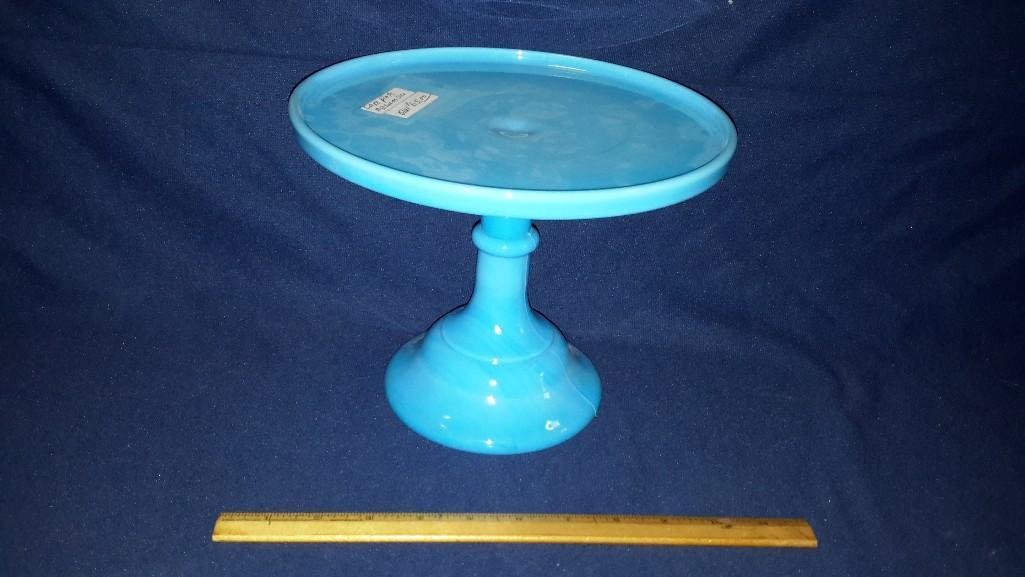 Blue Glass Cake Stand (2): Small cake stand is 5.5" tall by 6" across. Large cake stand is 7.25" tall by 9.5" across. In good condition.