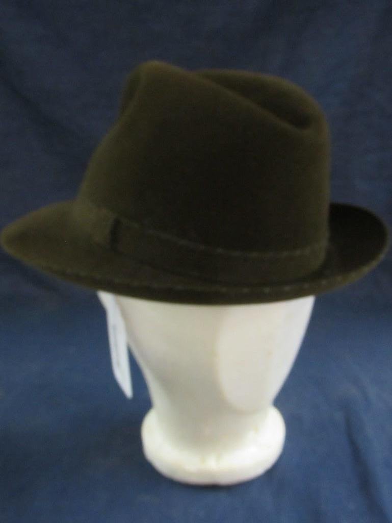Dobbs 5th Avenue Felt Hat: Olive green in color. Inside says, Jim Patterson Sacramento's leading hatter, 9th and K street, Size 6 7/8. Stitching in place. Good condition.