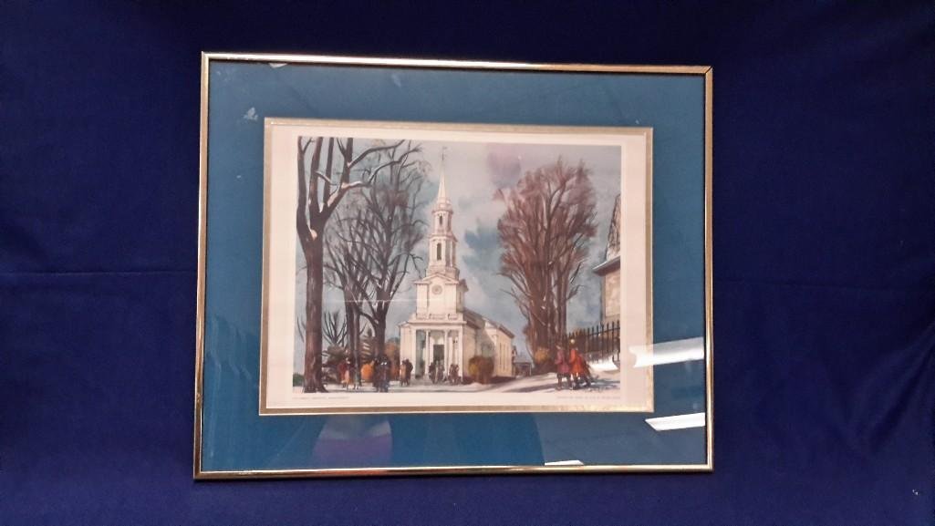 Old Church Print by Millard Sheets: Print of an old church by Millard Sheets. On the bottom it says, Old Church, Lexington, Massachusetts. Painted for United Airlines by Millard Sheets. Measures 16.5" tall by 20.25" wide.