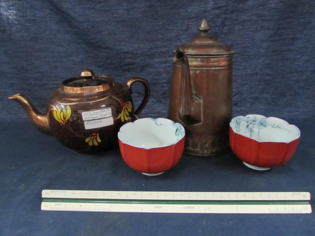 Vintage Teapot & Coffee Cups (4): One brown English teapot with lid, (2) red Chinese coffee cups, & a tin coffee cups 