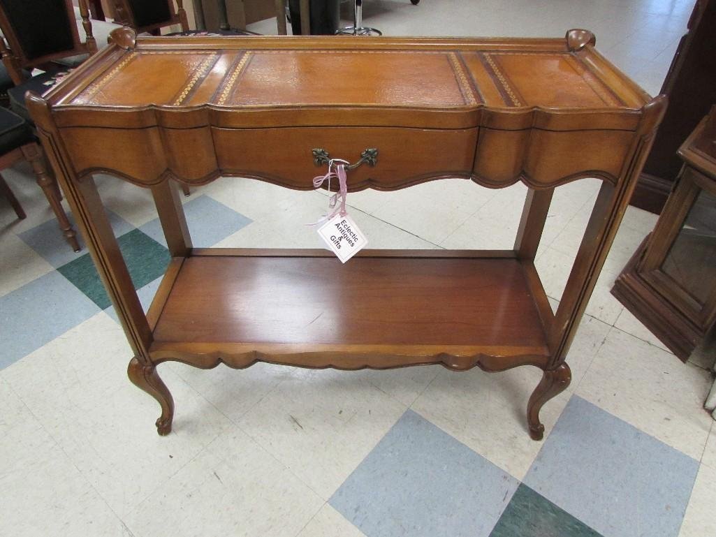 Two Tiered Wood Sofa Table: Leather top, One Drawer, 32" tall, 35" wide, 14" deep, excellent condition.