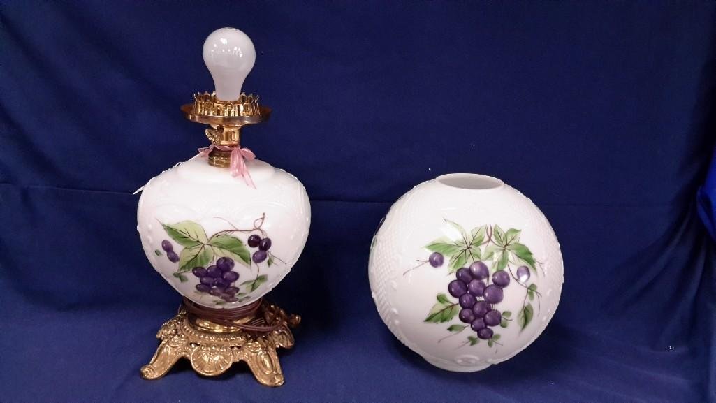 Vintage Gone With The Wind Style Lamps: Hand painted grape design, has brass base, with shade measures 22" tall