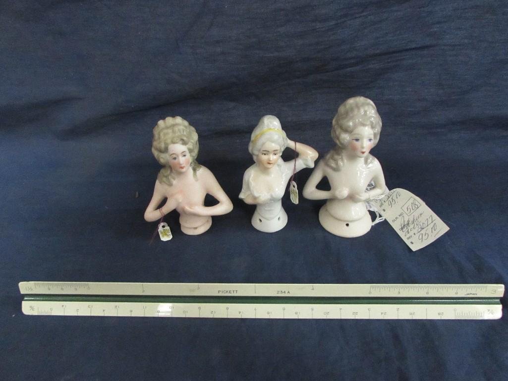 Porcelain Pin Cushion Dolls (3): 4"-4.5" tall, good condition.